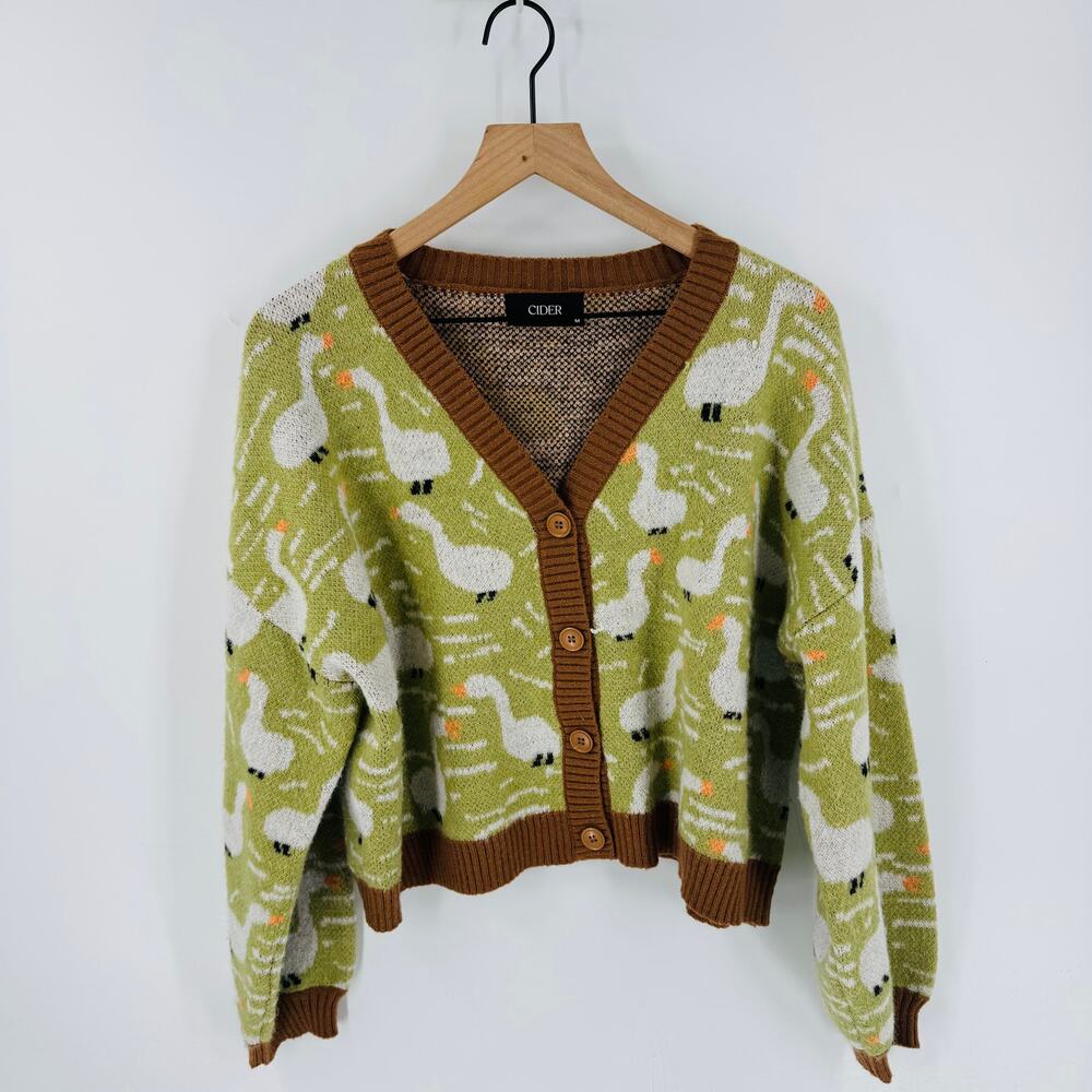 CIDER Duck Pattern Button Cardigan Green Brown Kn… - image 2